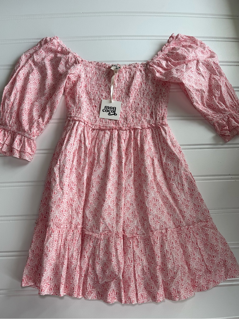 Mon Coco Brooklyn Mini Dress Smocked Pink White Medium Off Shoulder NEW 3181